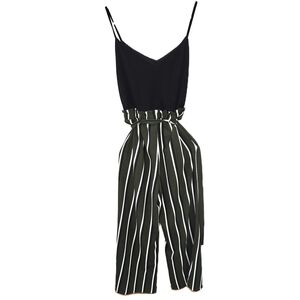 Blue Rain Black Top with Green and White Striped Jumpsuit